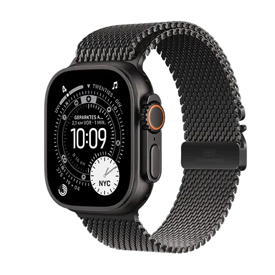 Apple Watch Ultra 3 (2025), 5G, 49mm, Black Titanium Case, Black Titanium Milanese Loop M, Schwarz