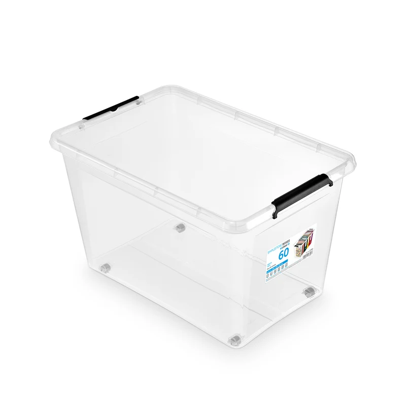 Moxom SimpleStore-Behälter, Fassungsvermögen 60 l, transparent, Deckel mit Clipverschluss, mit Rollen, BPA-frei, 04-0081