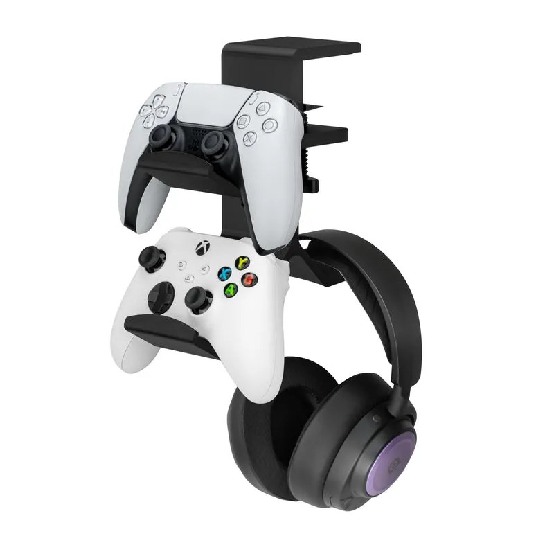 The Grebe - Halterung für Kopfhörer und zwei Gamecontroller - Befestigung an der Schreibtischseite, Headset-Halterung unter dem Schreibtisch, geeignet für alle Kopfhörer und Gamepads