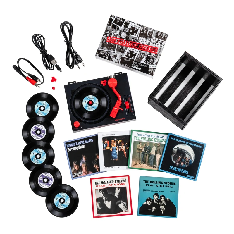 Crosley CR6037BT-RS Rolling Stones RSD3 Mini Turntable with Crate and Six 3-Inch Singles