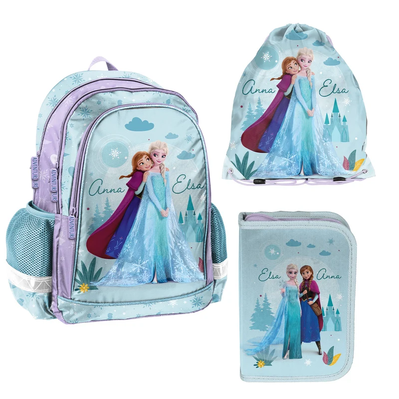 Frozen Paso Schulset, Rucksack mit zwei Fächern, verstellbaren Schultergurten und versteiftem Rücken, Federmäppchen mit Zubehör und Halterungen für Schreibutensilien, Schuhbeutel, der auf den Rücken geschnallt werden kann, DF26AA