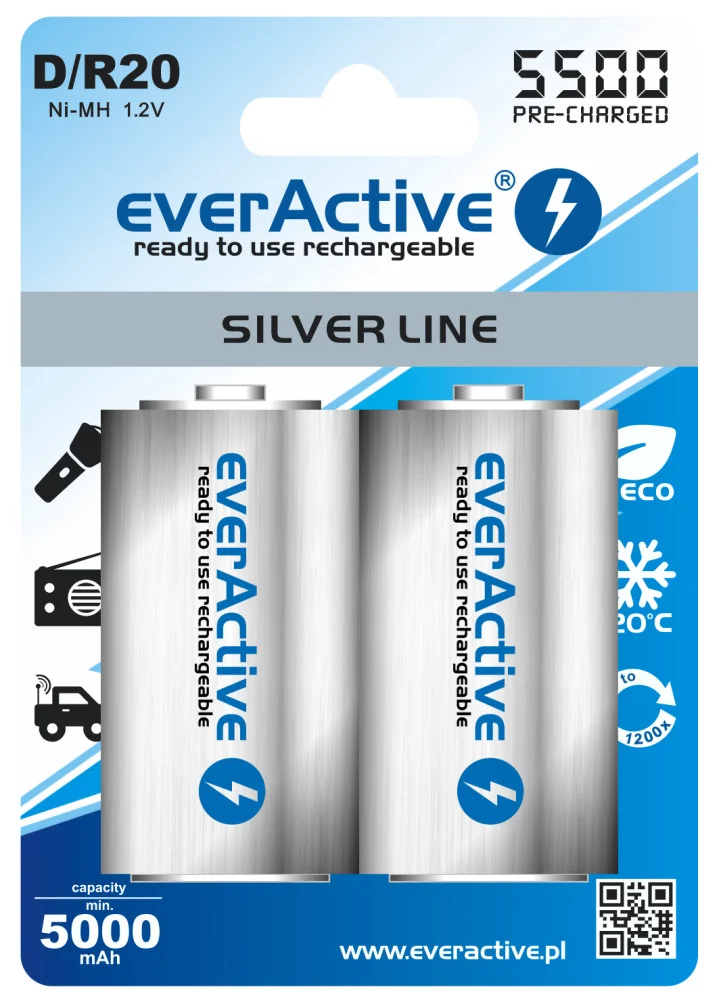 2 Stück Batterie (1 Blister) - R20 D 5500mAh everActive wiederaufladbare Silver Line