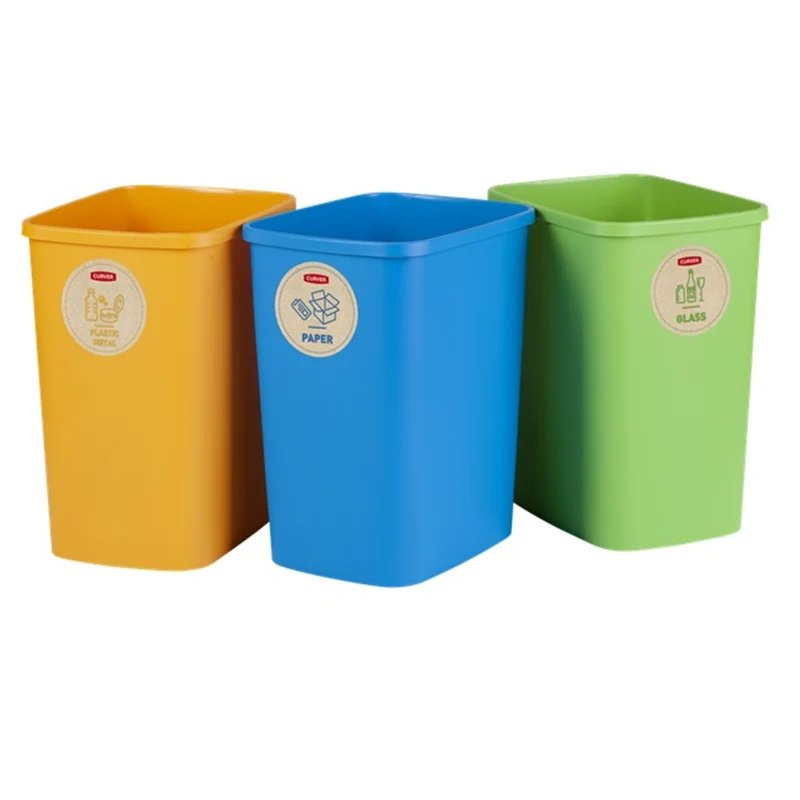 Curver Eco Friendly 3er-Set Mülltrennungssystem Mülleimer Mülltrennung Papier Glas und Kunststoff Recycling-Eimer aus Kunstoff (3x25L)