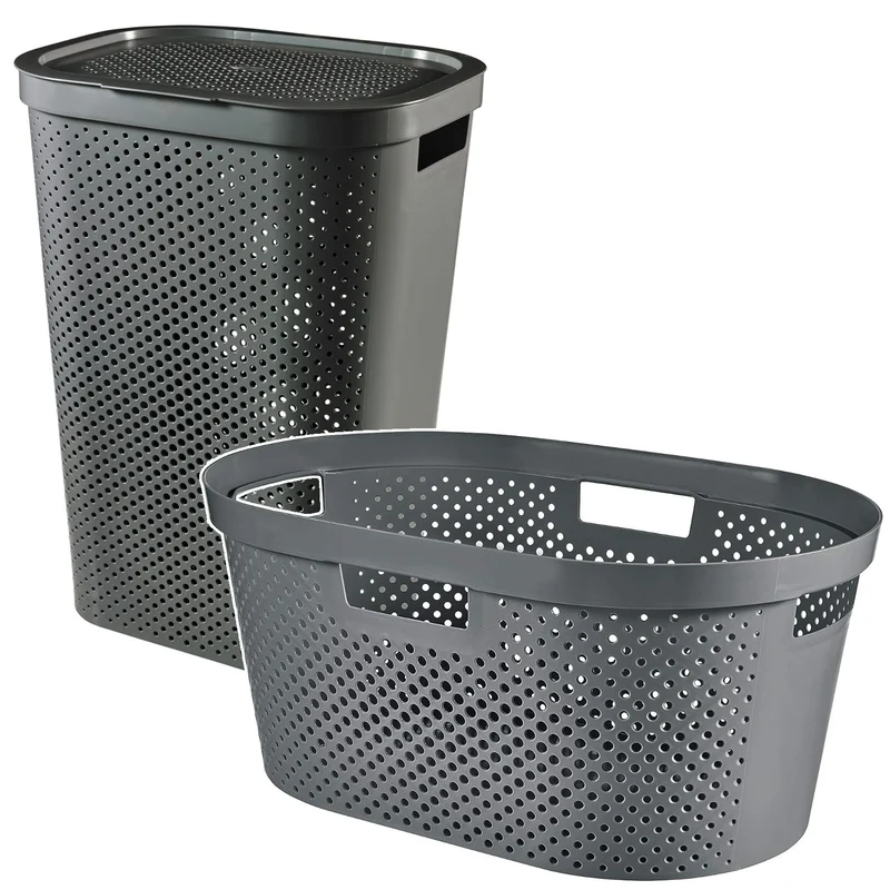 Curver Infinity Recycled Mangeln / Wäschekorb, Kapazität 40L, Dunkelgrau, 100% recycelt, 245675 + Curver Infinity Recycled 60L Wäschekorb