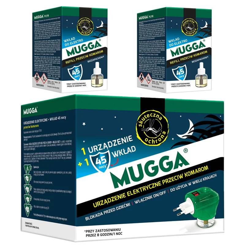 Elektrogerät mit Mugga 45 night mosquito refill 35ml + 2x Mugga 45 night mosquito liquid refill 35ml