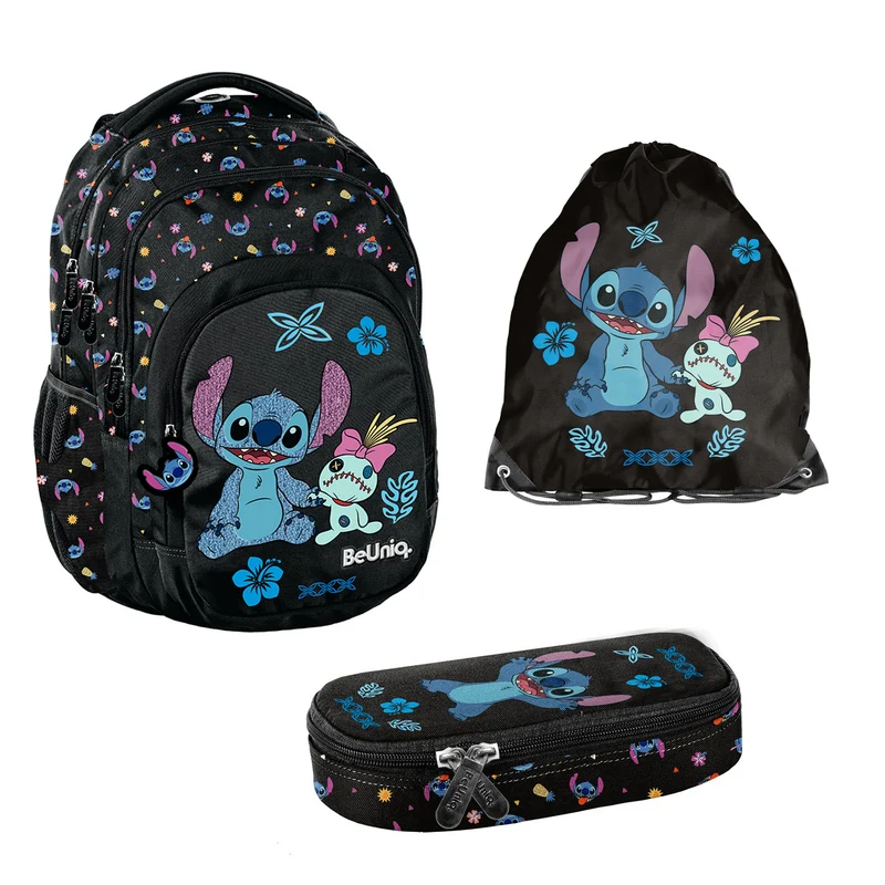 Stitch Paso Schulset, Rucksack mit drei Fächern, Laptopfach und verstärkter Unterseite, Federmäppchen mit Gummibändern für Schreibutensilien, Schuhbeutel, der auf den Rücken geschnallt werden kann, DS26MM