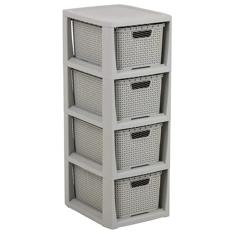 BranQ Rattan Regal mit 4 Körben mit einer Kapazität von 7 Litern Farbe grau