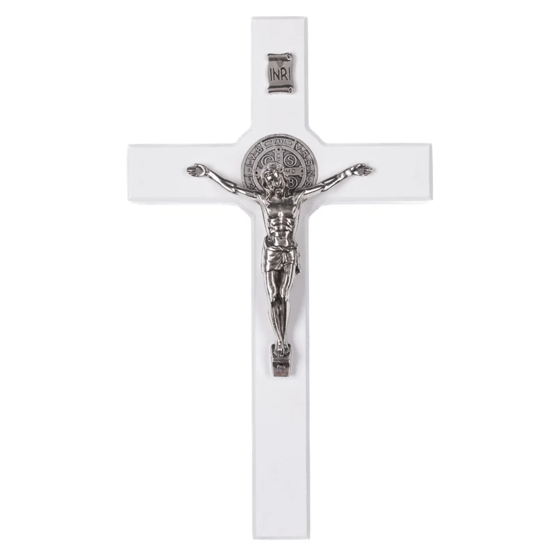Hängendes Kreuz des Heiligen Benedikt mit dem Passionskreuz Hängekreuz aus Buchenholz (Weiß, 28x16x1,8cm)