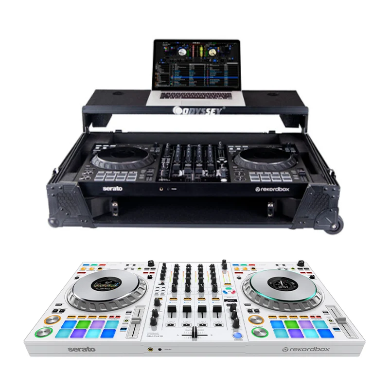 Pioneer DJ DDJ-FLX10-W + Odyssey 810GSFLX101UM2 I-Board 1U Flight Case with Glide Style Laptop Platform and Wheels
