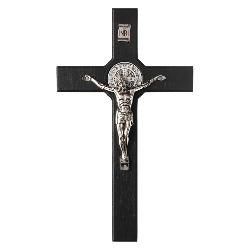 Hängendes Kreuz des Heiligen Benedikt mit dem Passionskreuz Hängekreuz aus Buchenholz (Schwarz, 28x16x1,8cm)