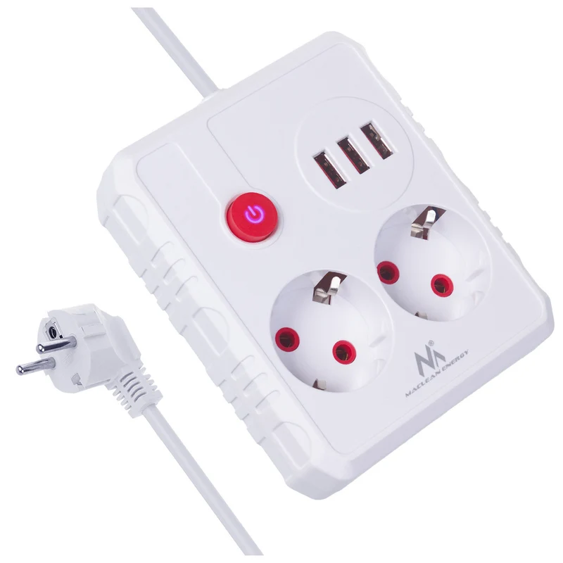 Maclean Steckdosenleiste, Verlängerungskabel 2 Steckdosen + 3xUSB, 110-240V AC 50/60Hz, 2,1A max 2500W, 3 m, weiß, MCE388 W