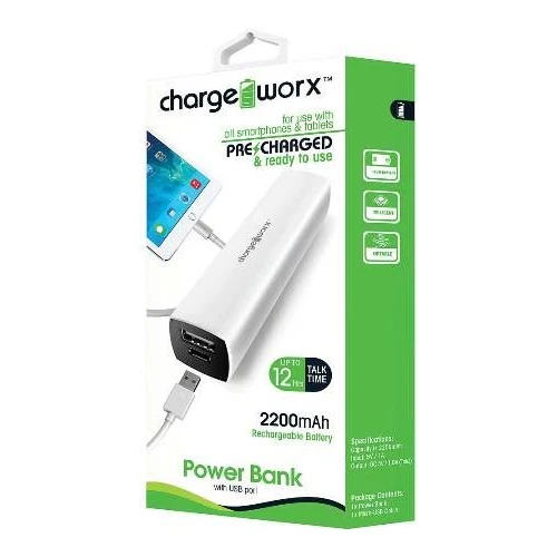 Chargeworx CX6506WH Premium 2000mAh Power Bank with USB Port, White