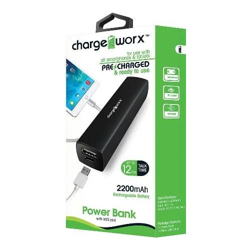 Chargeworx CX6506BK Premium 2000mAh Power Bank with USB Port, Black