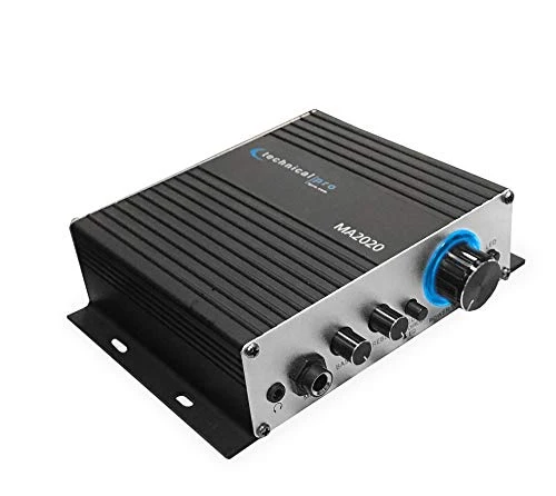 Technical Pro Class-T Stereo Mini Amplifier with Power Supply, Headphone Output & Microphone Input, Silver (MA2020)