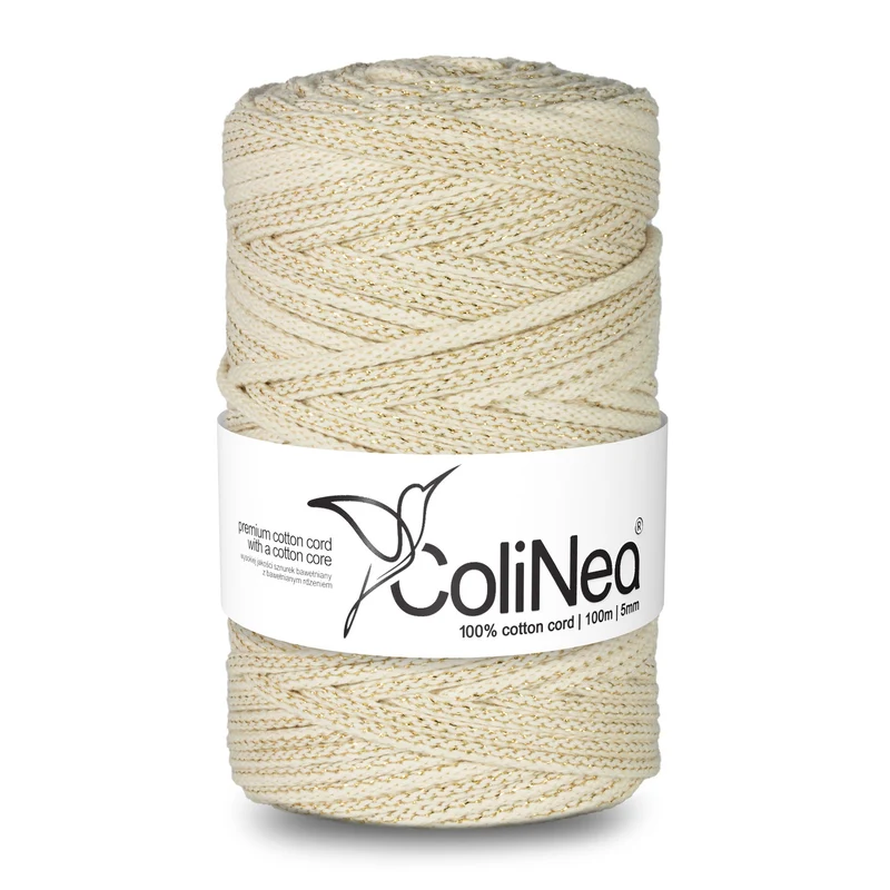 ColiNea, Baumwollkordel mit Baumwollkern, geflochten, 5mm, 100m, elfenbeinfarben mit Goldfaden