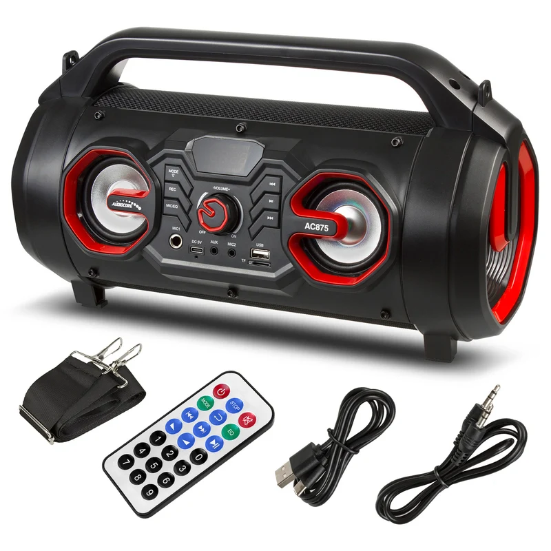 Audiocore AC875 Bazooka Tragbarer Bluetooth-Lautsprecher Boombox 30W (20W+5Wx2) IPX4 Spritzwassergeschützt/Radio/microSD/Aux-In/USB/Beleuchtung/Mikrofonanschluss